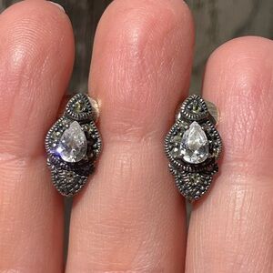 Signed Judith Jack .925 Silver Art Deco Style Marcasite Teardrop Clip Earrings